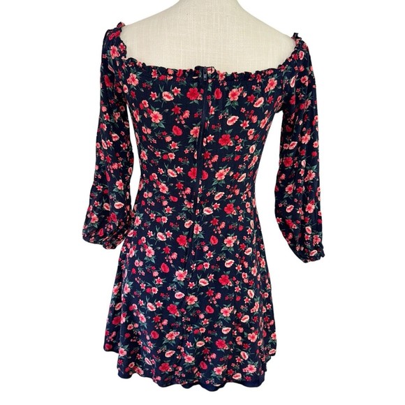 B. Darlin Womens Navy Floral-Printed Mini Fit & Flare Dress Juniors 7/8 Lined - Picture 2 of 11